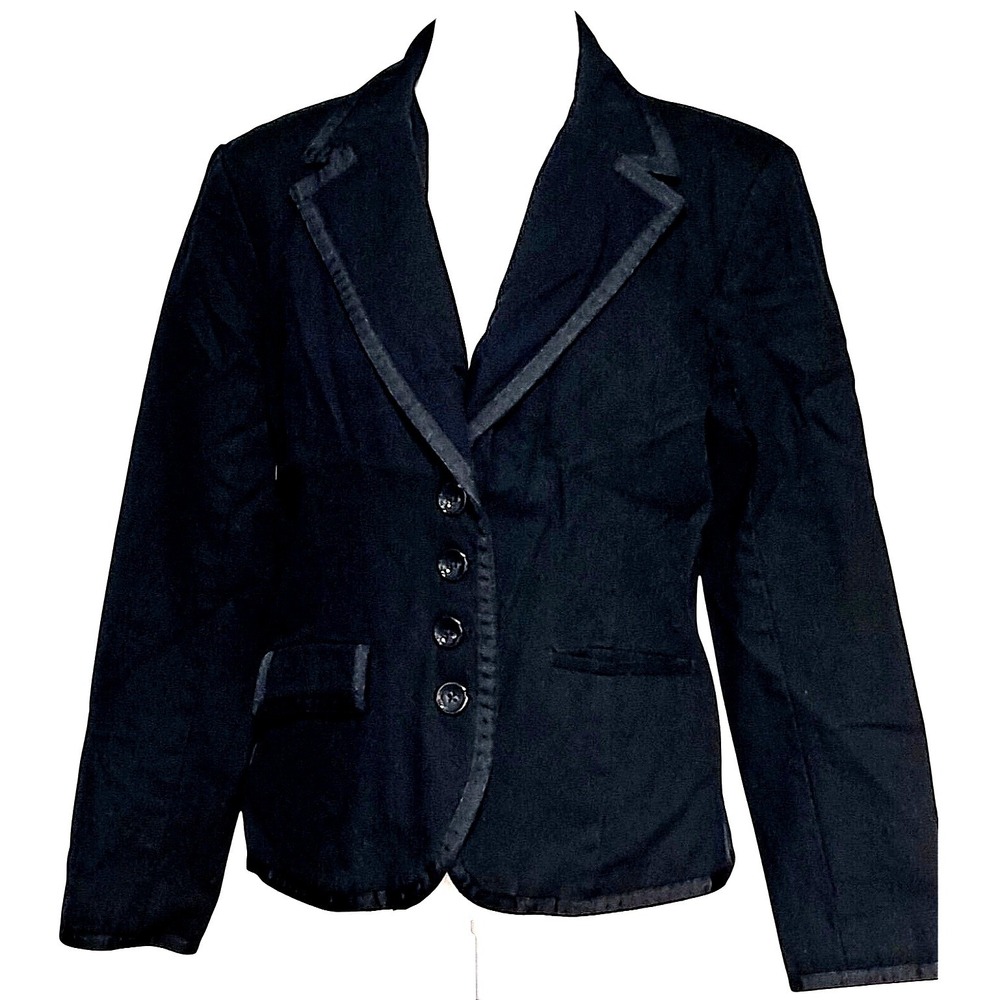 Dark Academia Merona Blazer Women Large Black Cotton Satin‎ Trim Button Front